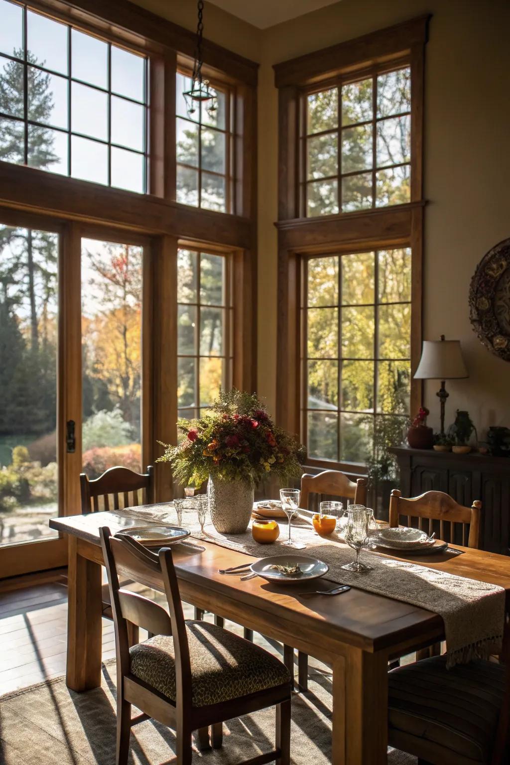 Sunlight creates a welcoming and pleasant dining ambiance.