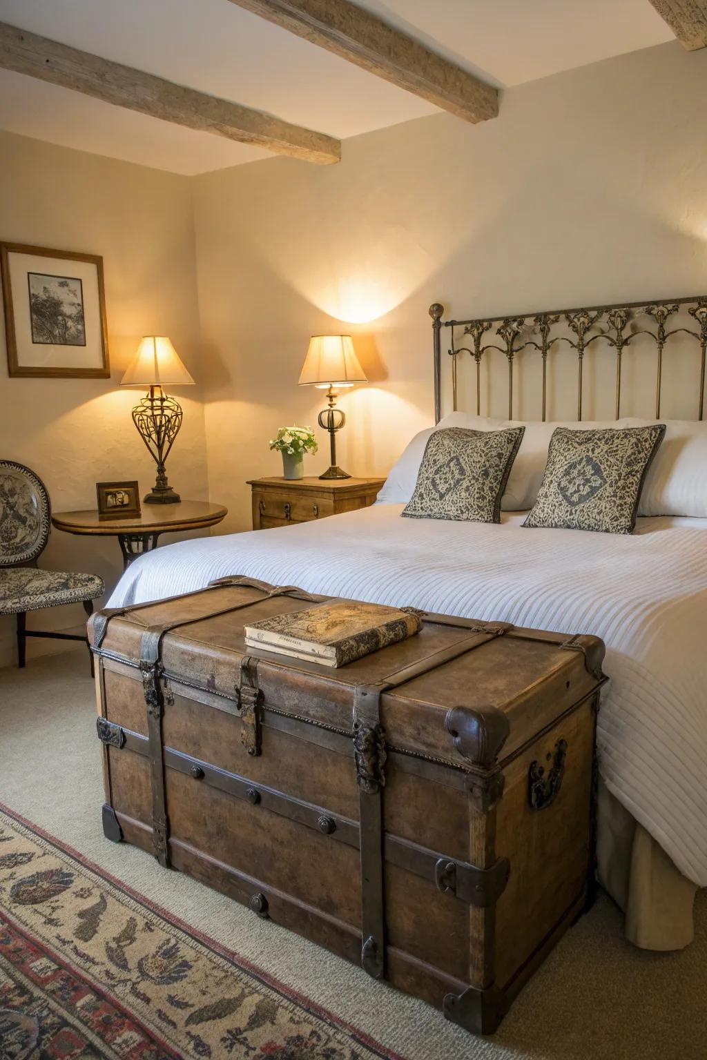 Time-worn and period inspired accents offer charm to this guest bedroom arrangement.