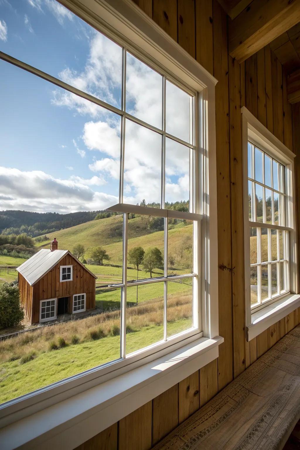 Broad frames emphasizing the window outlook in a farmhouse style.