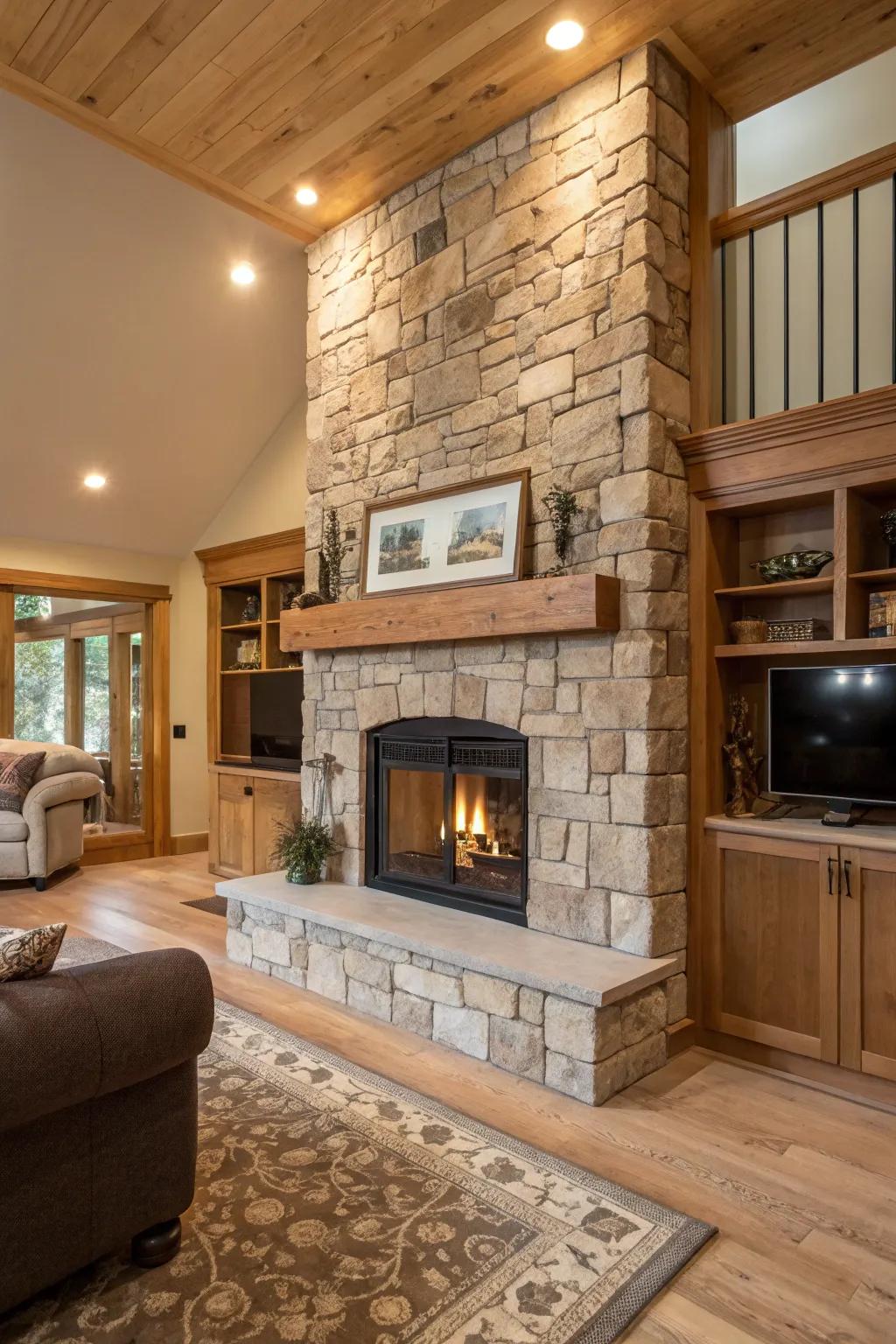 A modern fireplace decorated with real stone, adding coziness and texture.