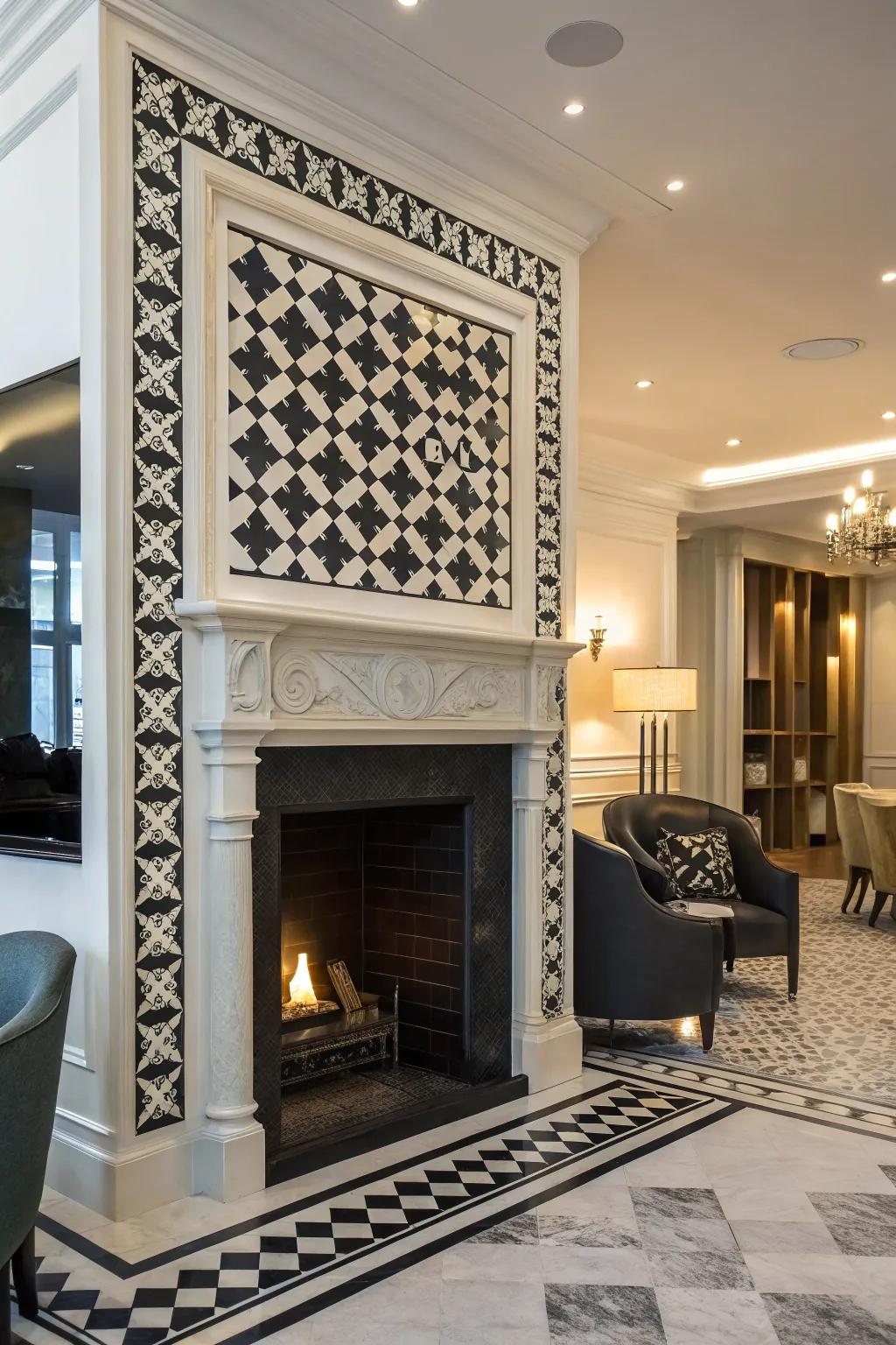 Contrasting dark and bright tile fireplace.