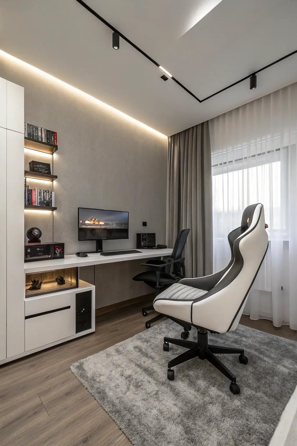 A simple gaming bedroom fitted with minimalist furnishings and a futuristic aesthetic.