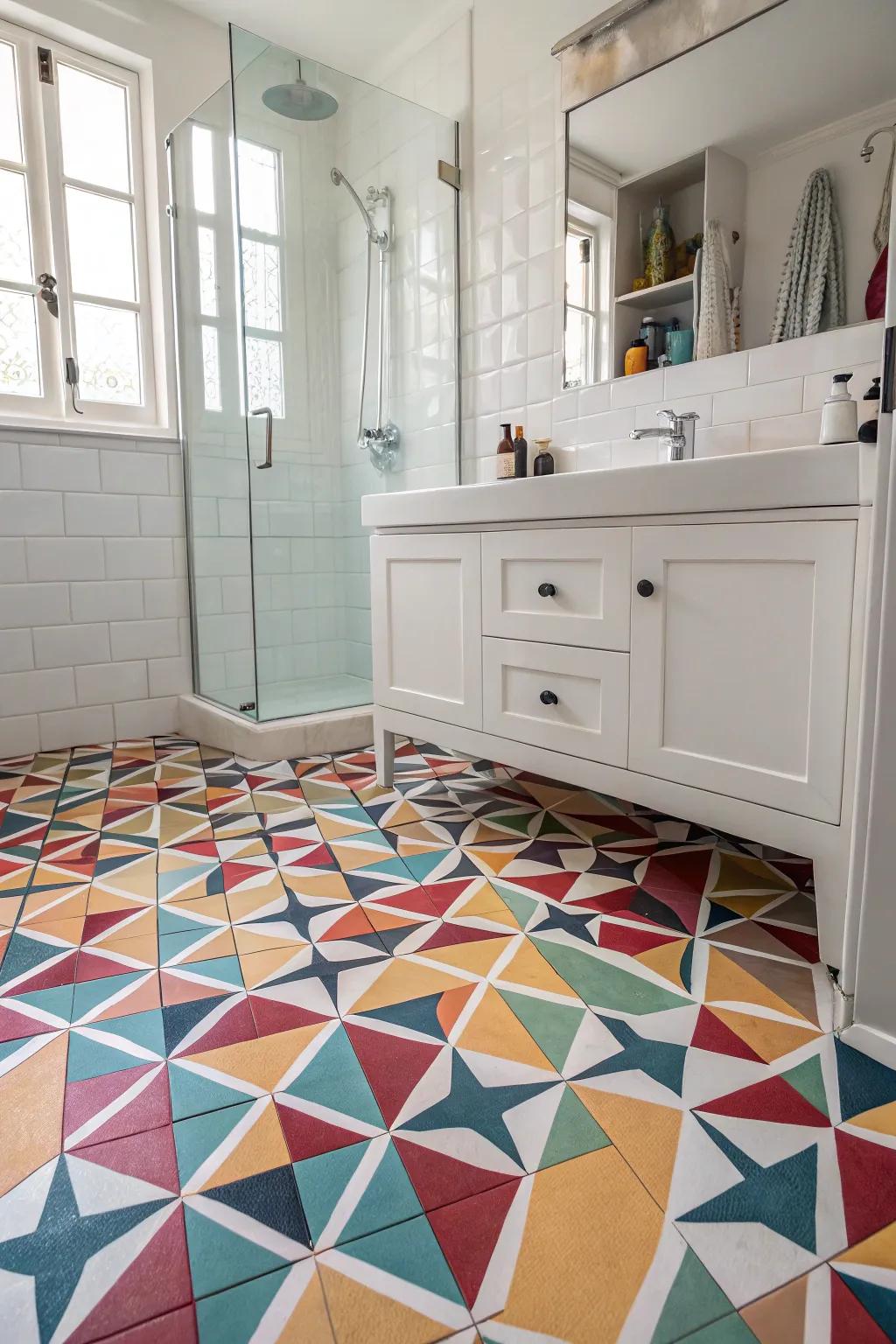A bathroom with audacious geometric patterned floor tiling that layers in visual magnetism.