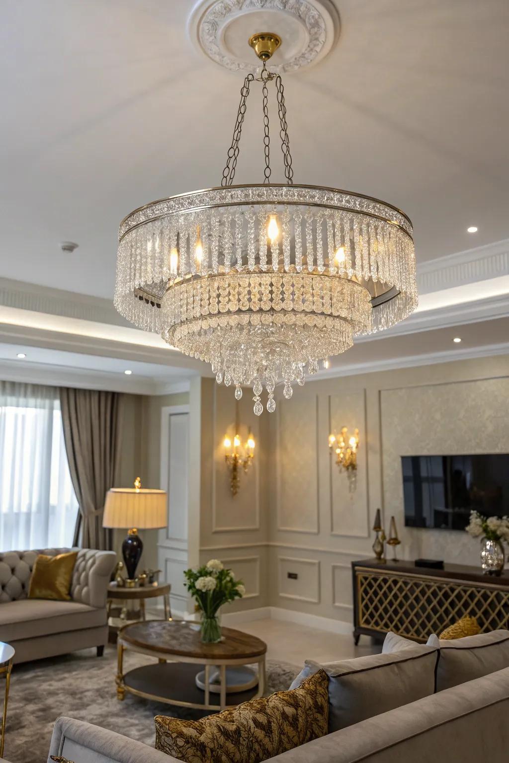 Chic lighting accents in gold and silver add a luxurious radiance to the space.