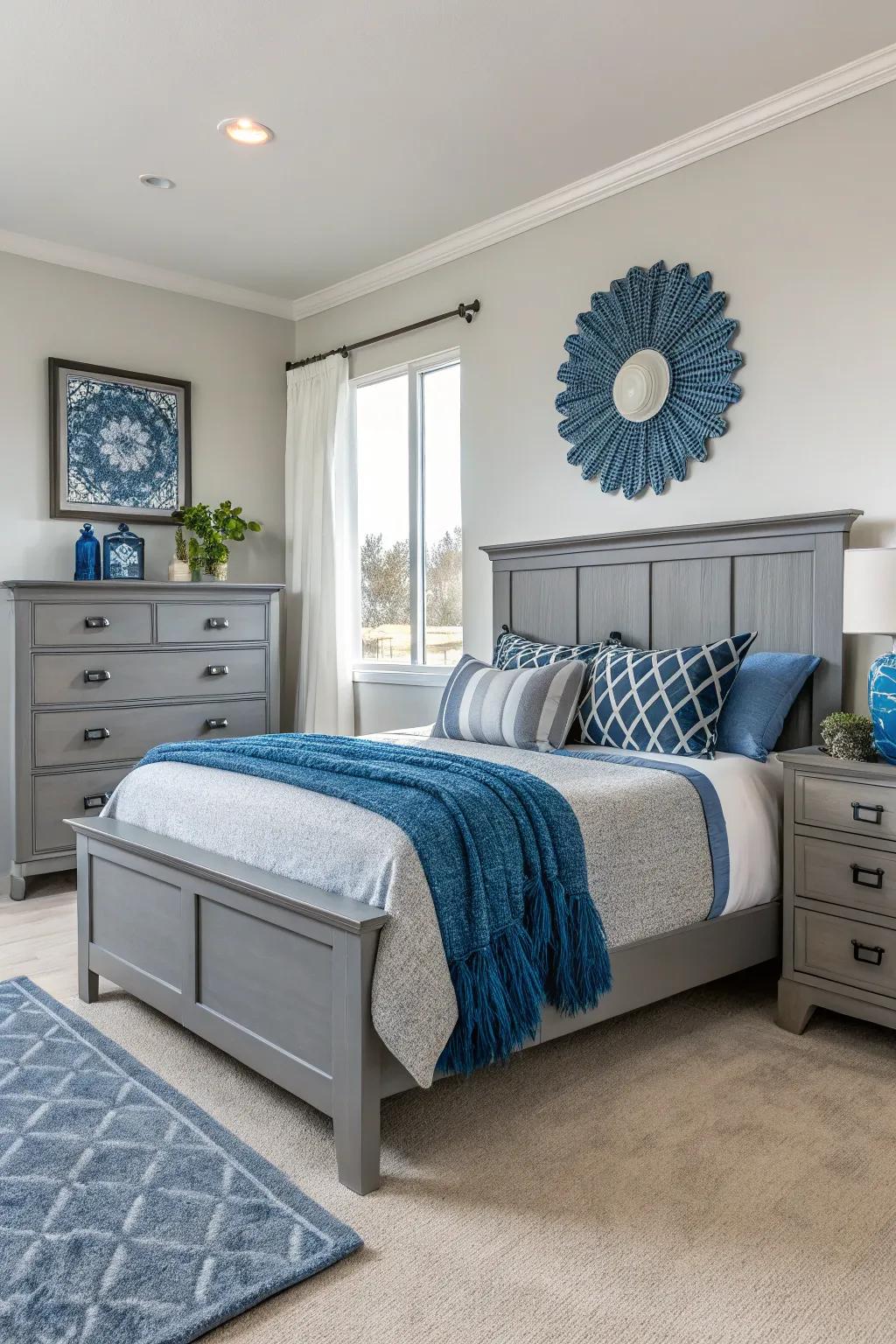 Modern ash furnishings and azure highlights construct a refreshed, avant-garde bedroom.