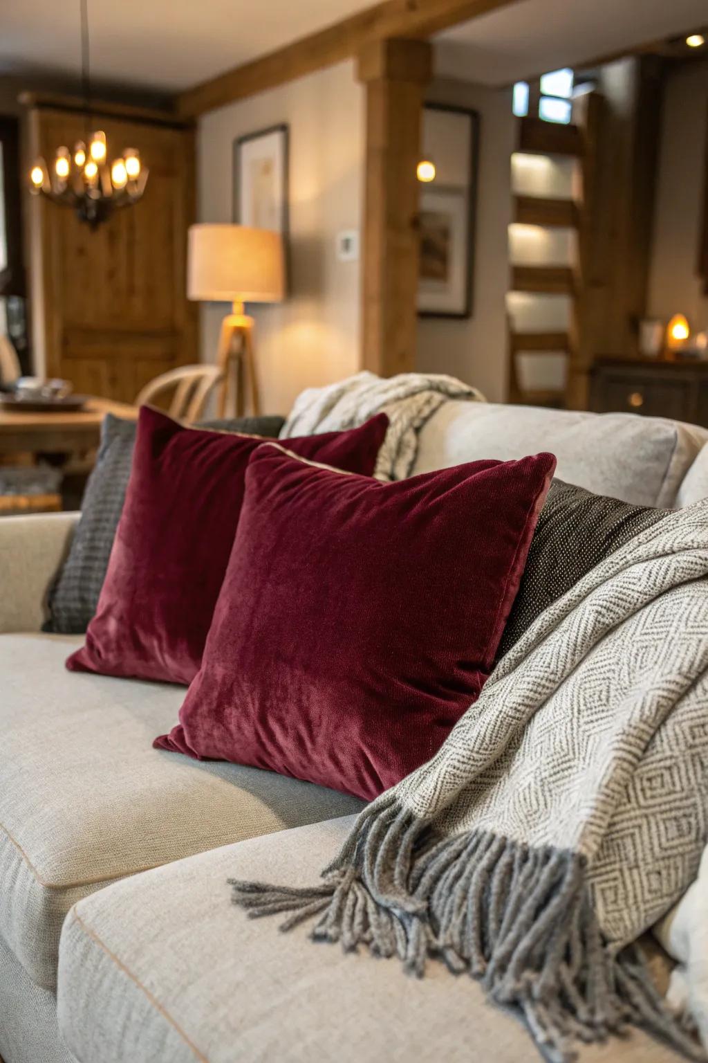 Living area featuring velvety wine pillows and a woolly slate throw.