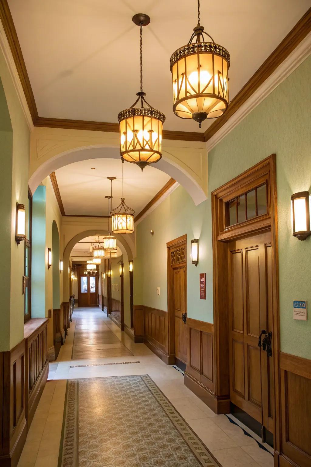 Stylish lighting units enhance the hallway's color coordination.