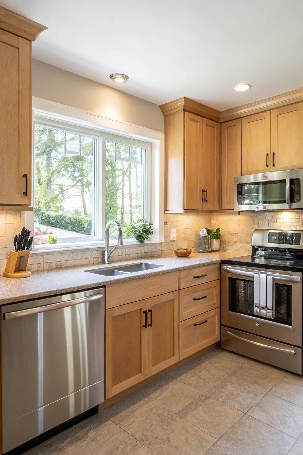 Stainless steel appliances and cream-colored pecan wood cabinets create a refined look.