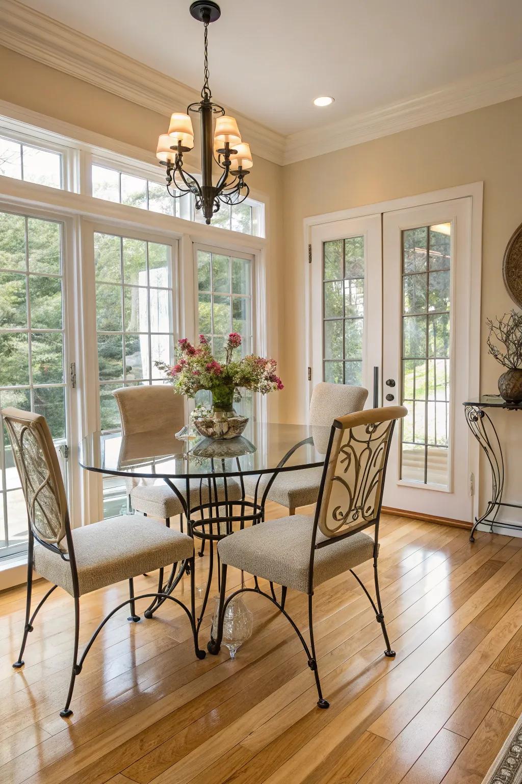 A fashionable combination of materials on pale timber flooring.