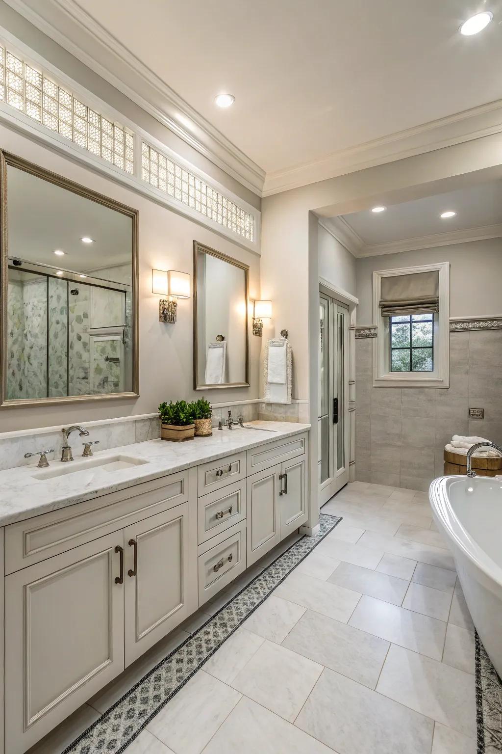 A tranquil atmosphere featuring understated hues in this primary bathroom.