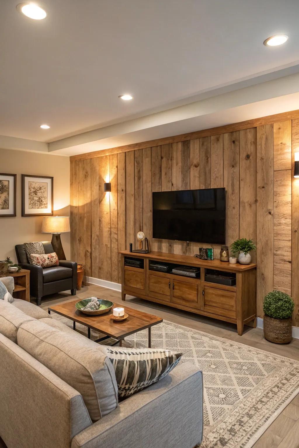 Unprocessed timber paneling imparts warmth and countryside refinement to a media wall.