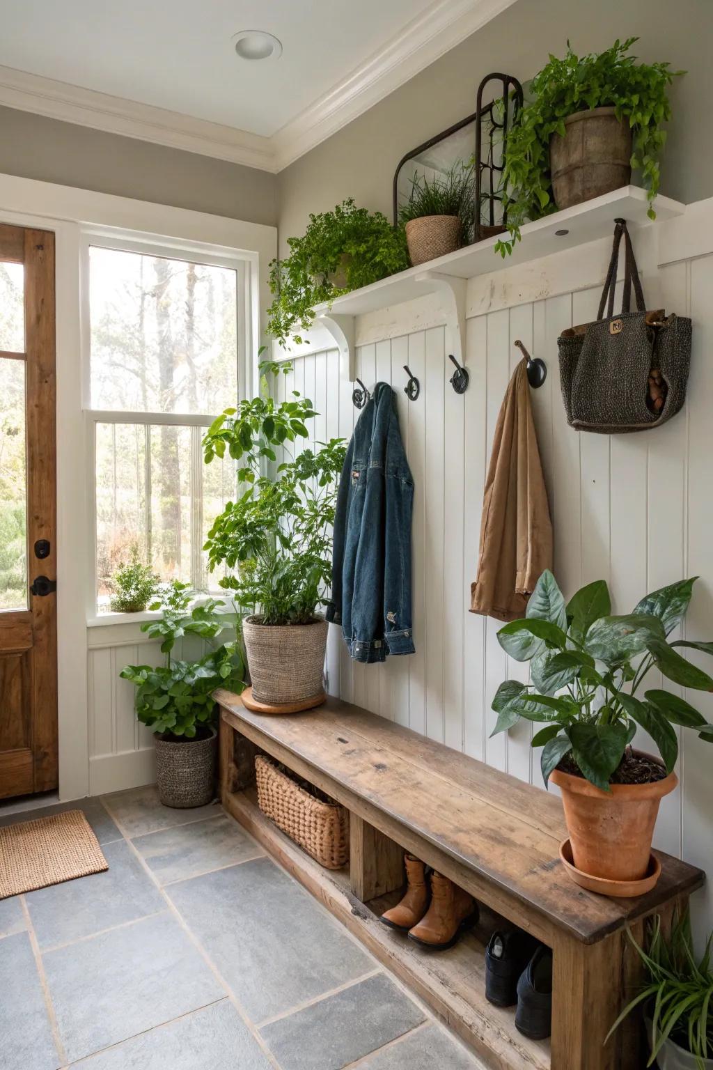 Vibrant plants breathe life and inject color into your mudroom.