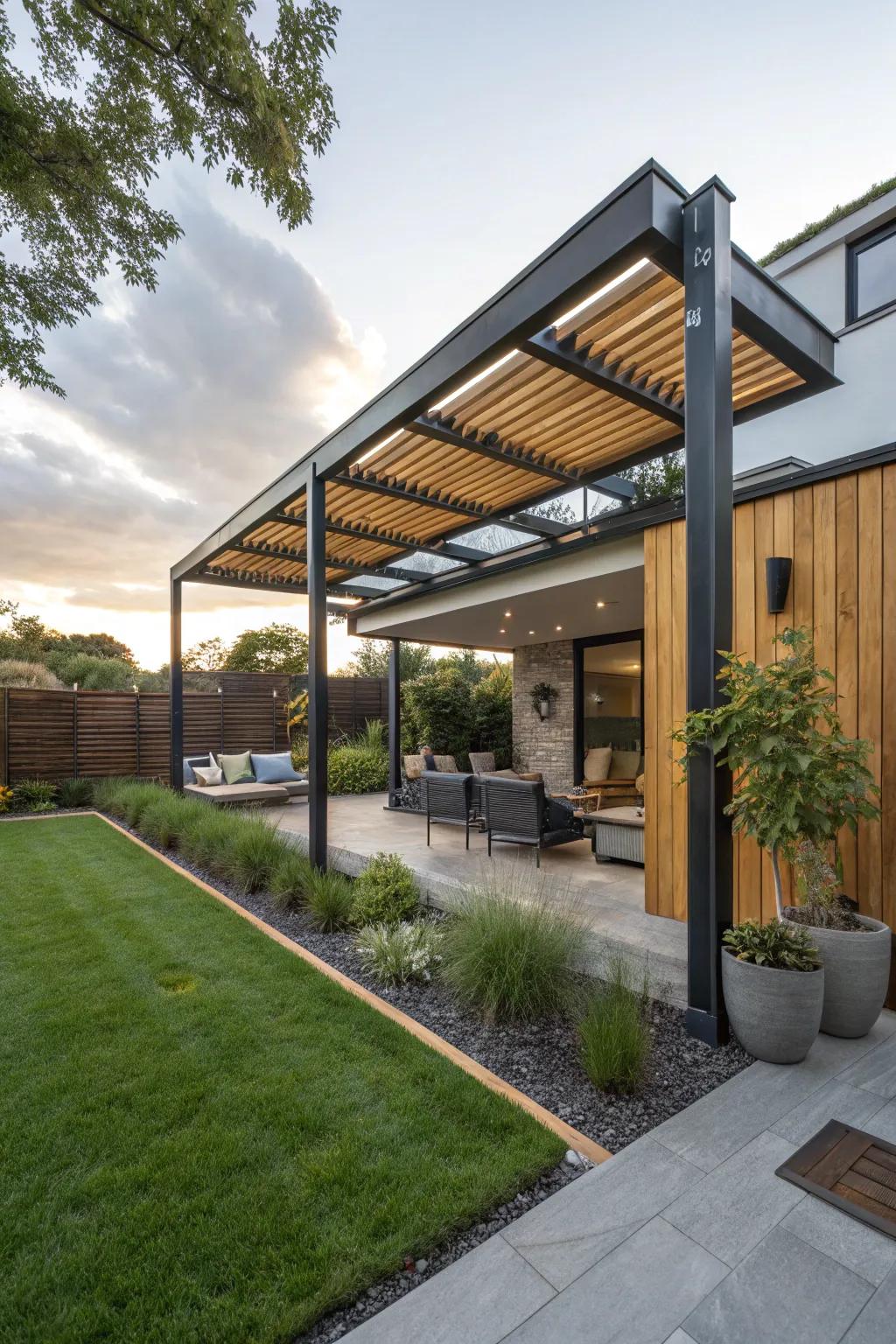 Merge materials for a one-of-a-kind pergola design.