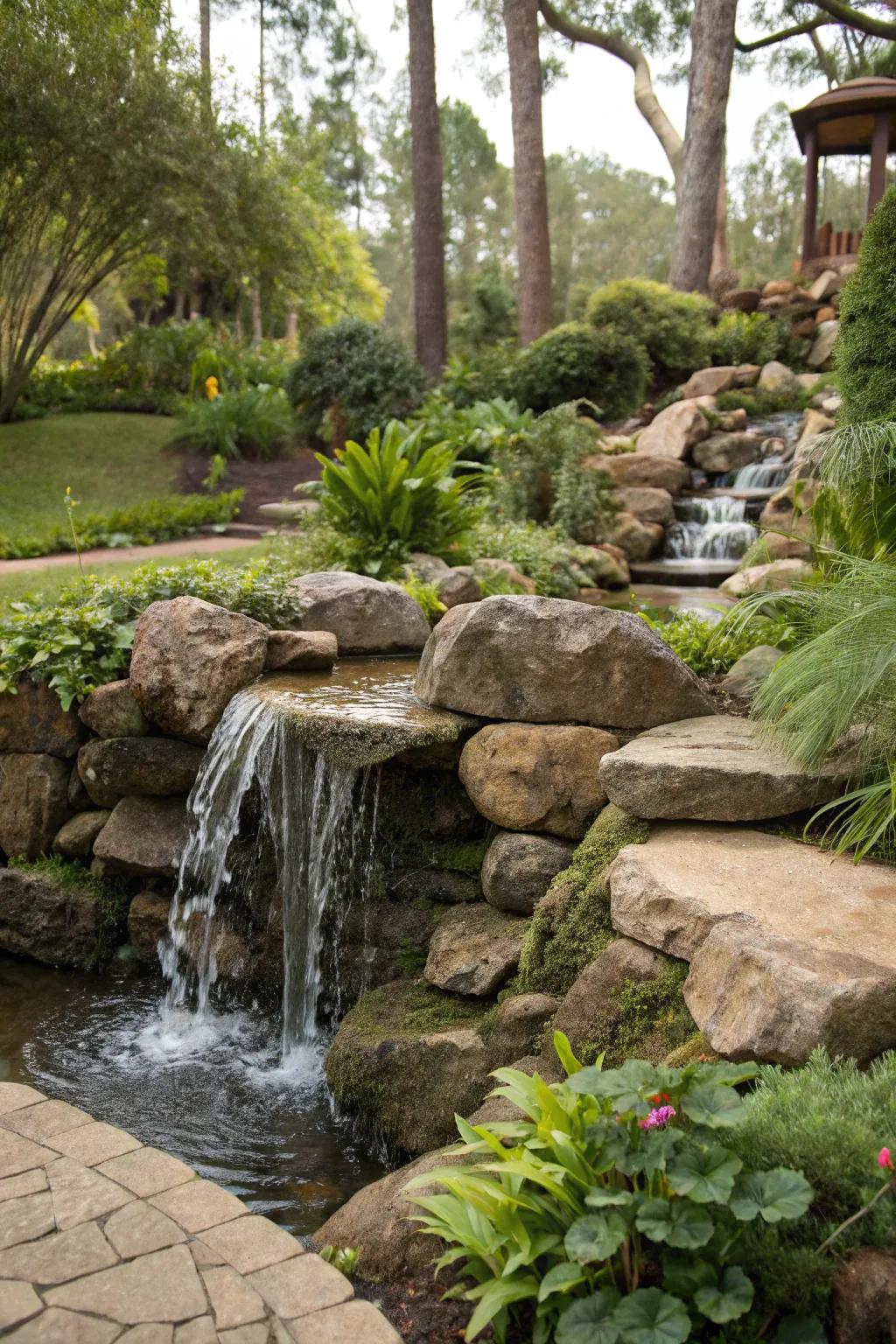 A stone cascade feature introduces peace and motion to your garden.