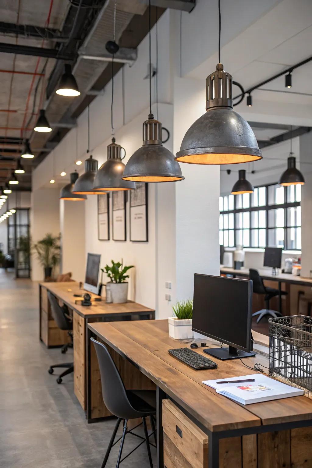 Factory-inspired lighting delivers a contemporary edge to rustic office design.