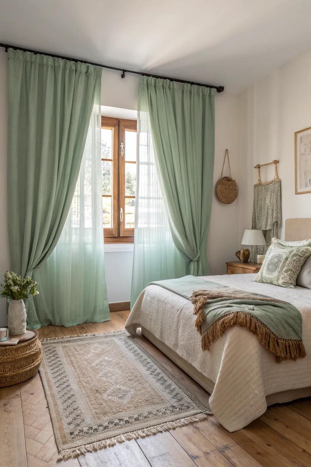 Avocado-toned curtains beautifully frame windows, adding a touch of elegance.