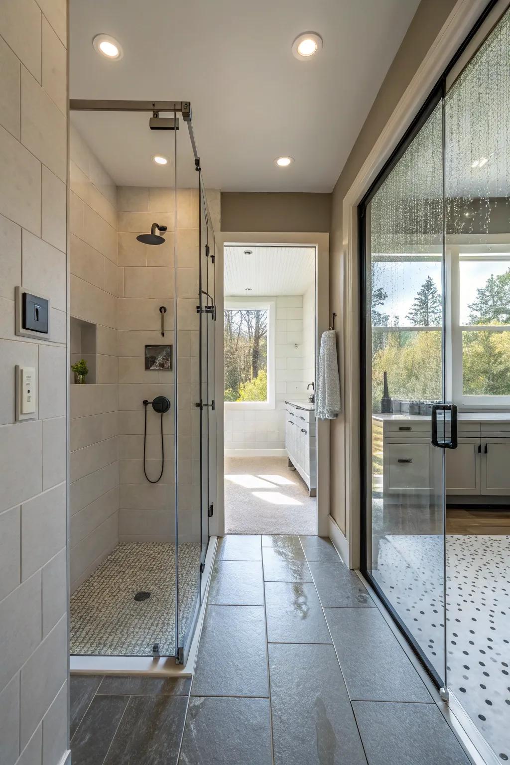 A roomy and current accessible shower with a smooth entrance.