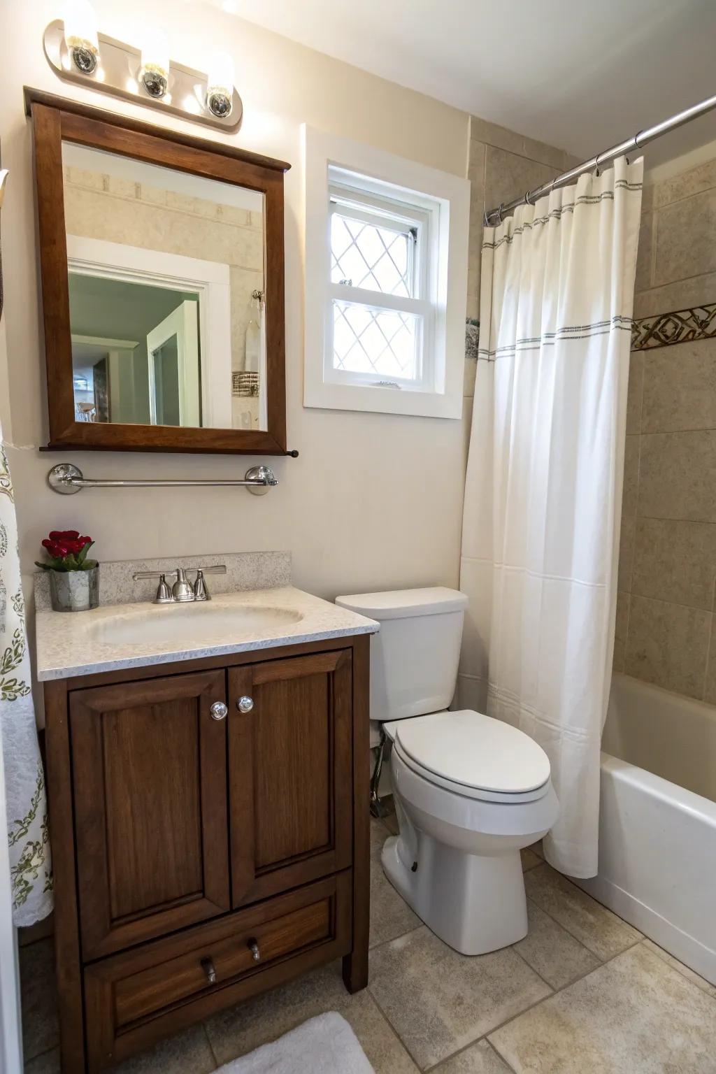 Space-saving solutions within a compact bathroom optimize the use of space.