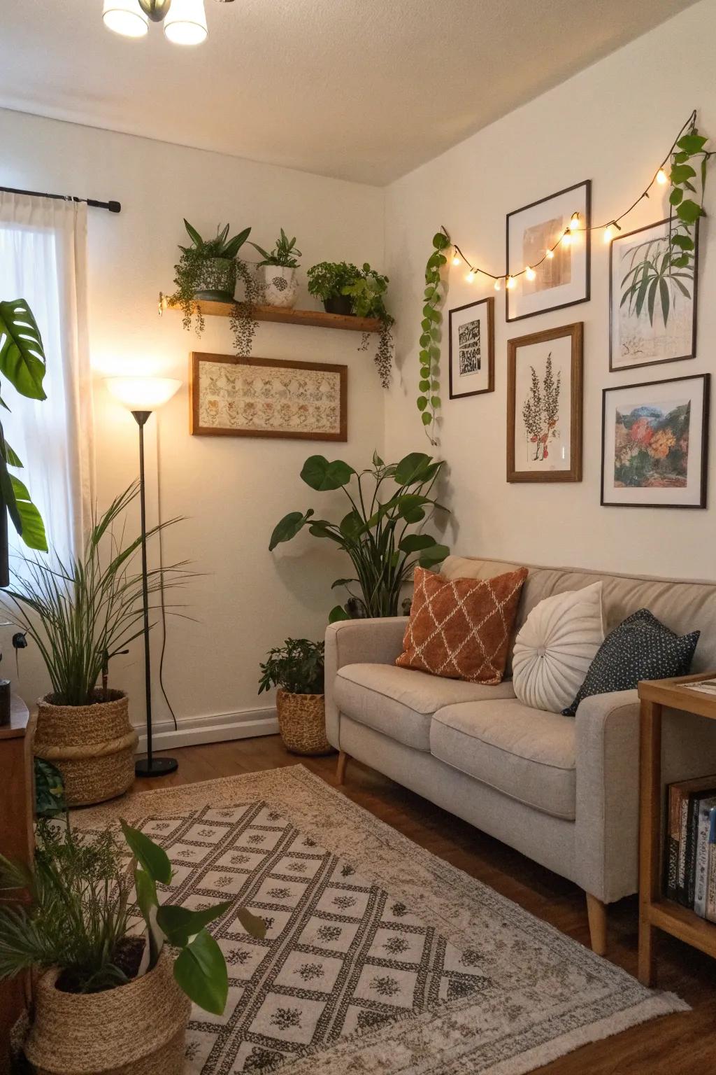 Decorative accents such as plants and artwork in a small gathering spot.