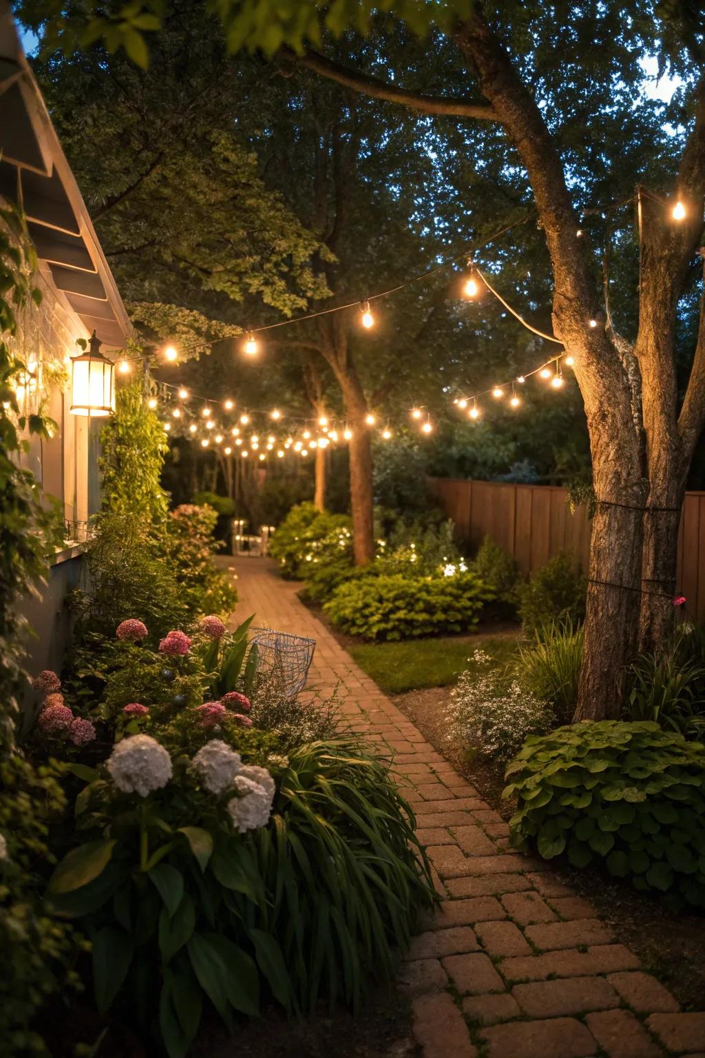 Strategic lighting enriching the atmosphere of a small garden.