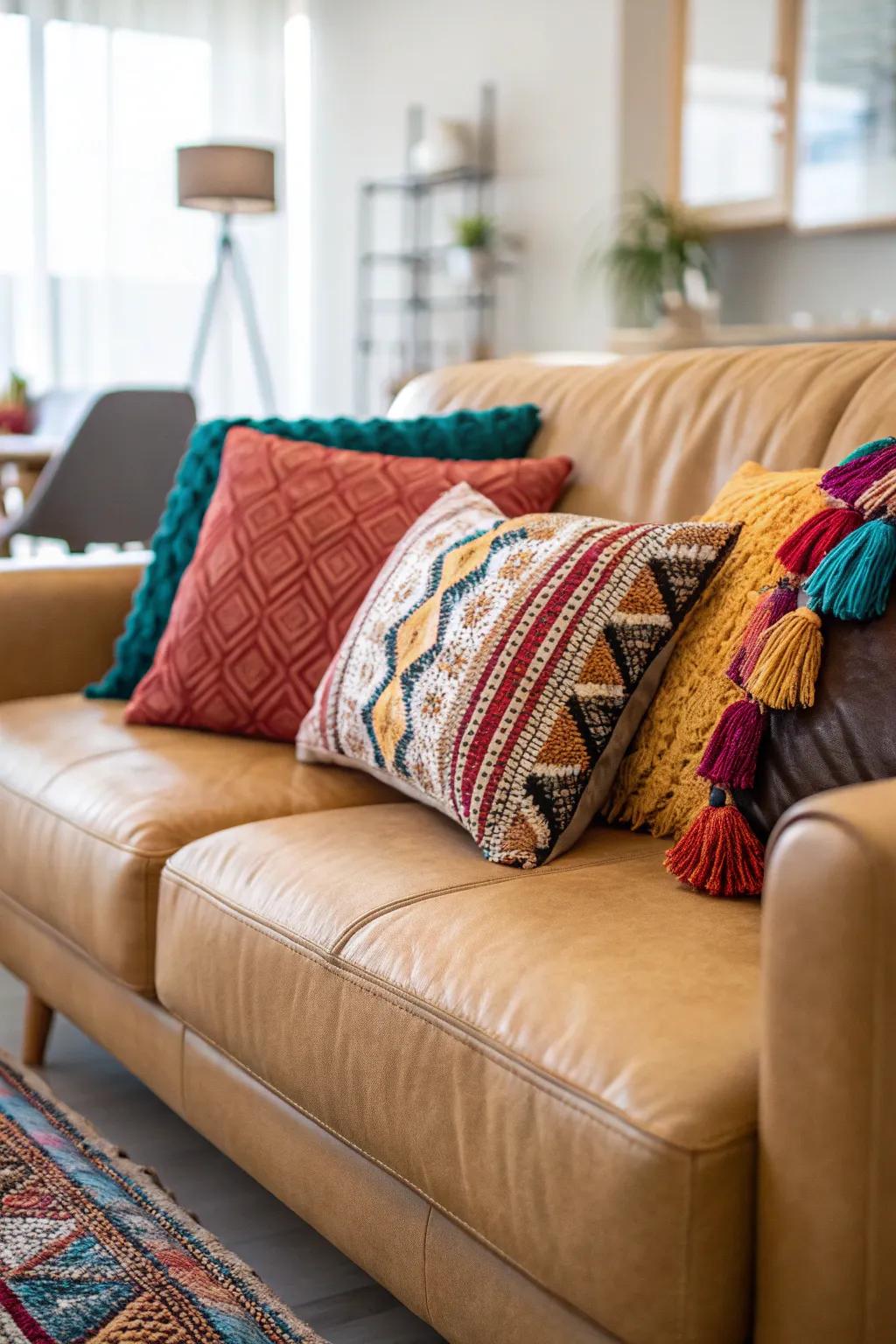 Vibrant feature pillows breathe life into a fawn hide couch.