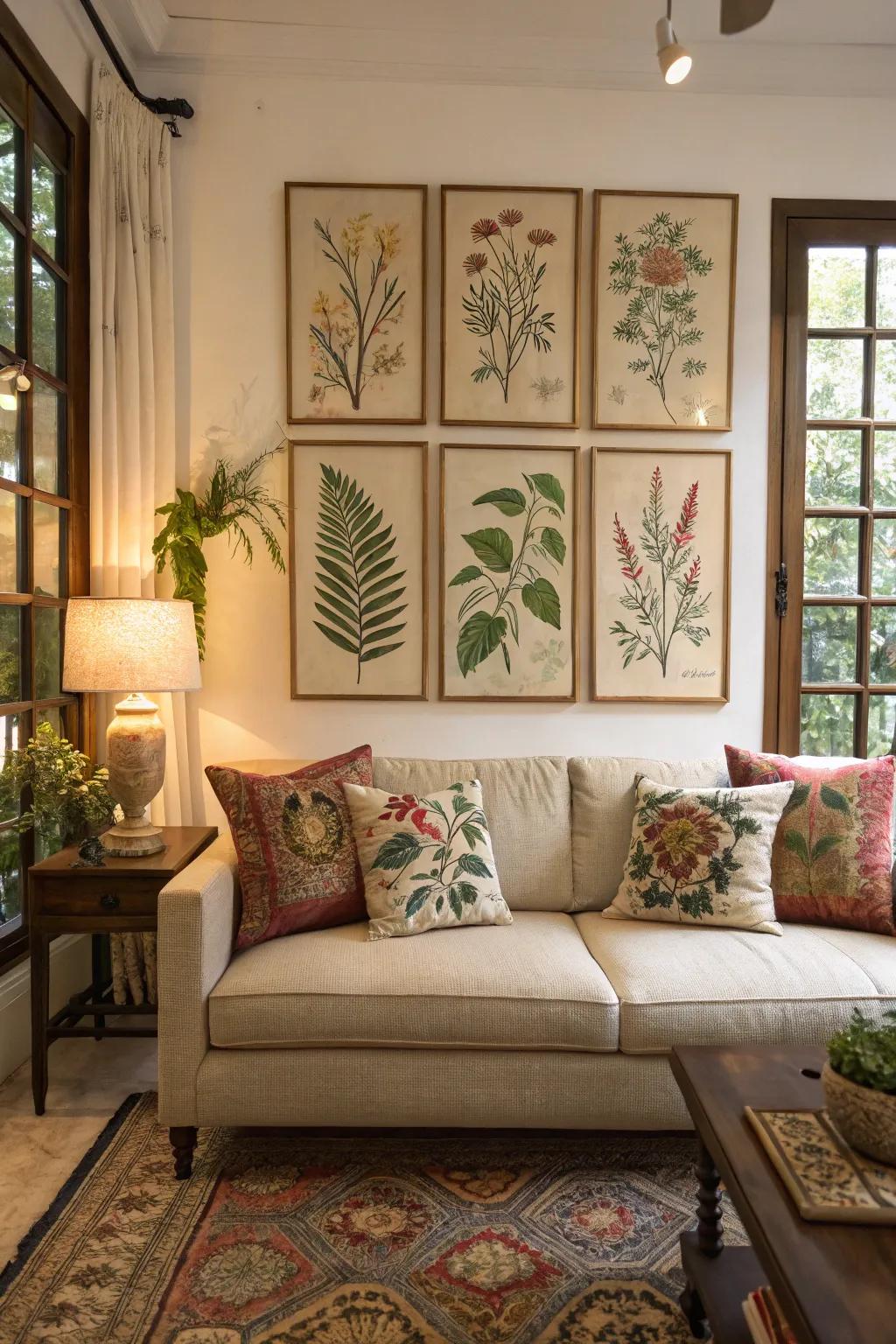 Floral-inspired art brings a serene, natural feel.