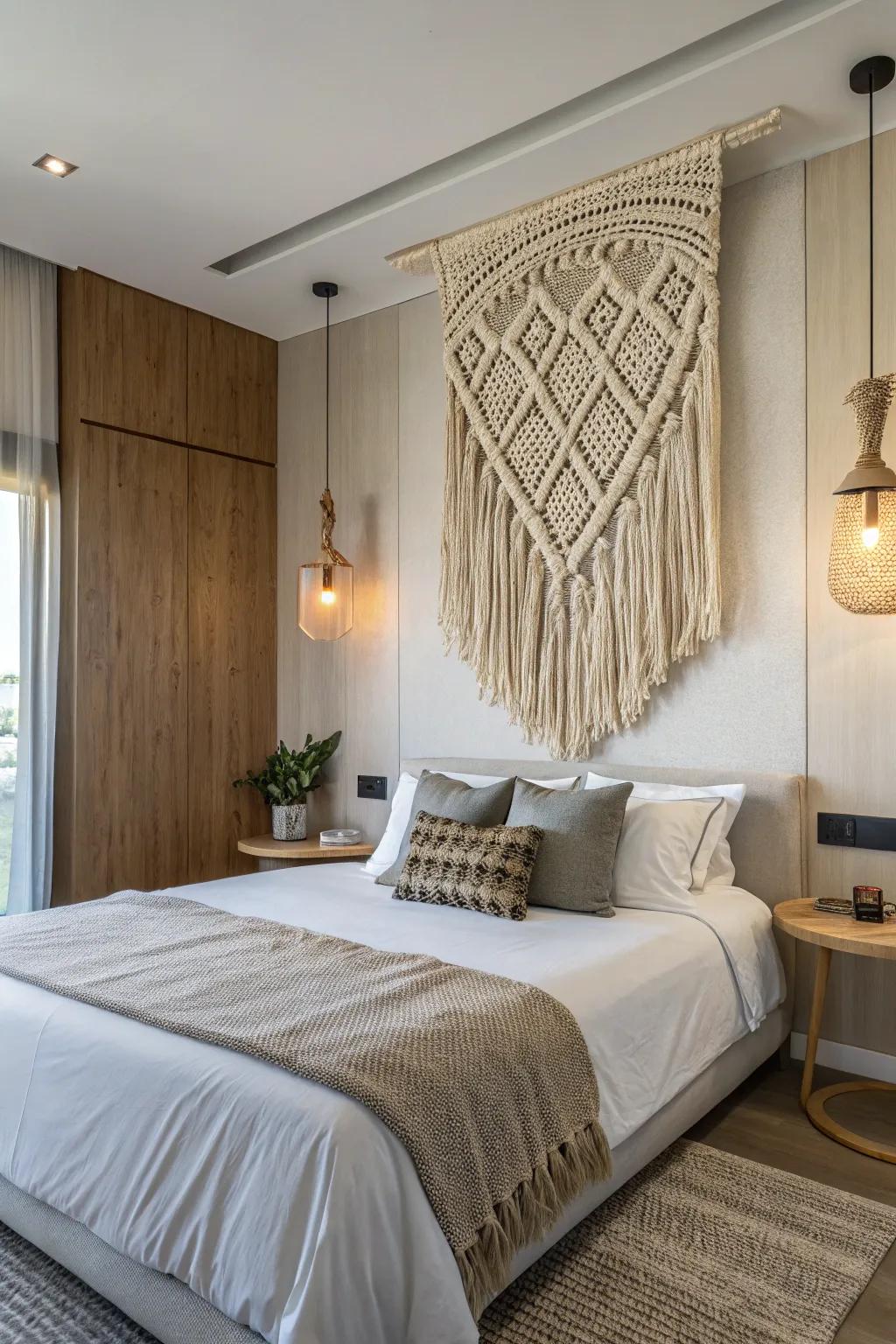 A woven wall decoration provides texture to a modern bed area.