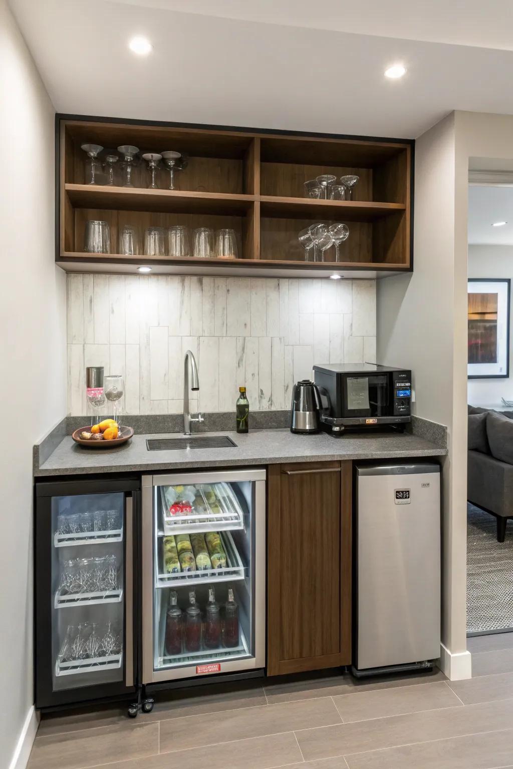 Effectiveness converges with panache within a compact modern home bar blueprint.