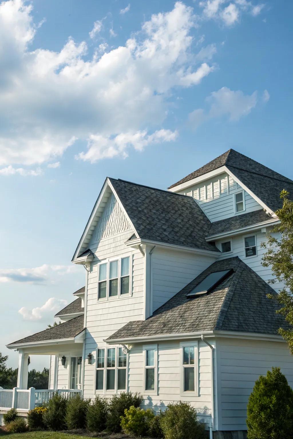 A white house featuring a notable mixed roof design.