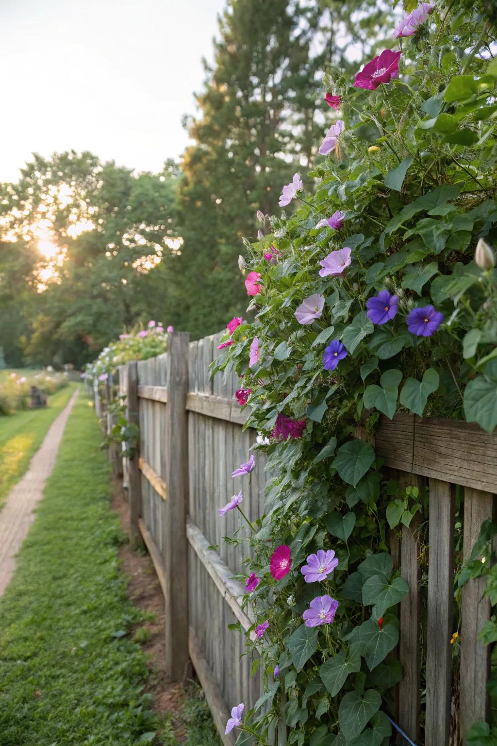 A timber boundary transformed by vibrant Heavenly trumpet blossoms.