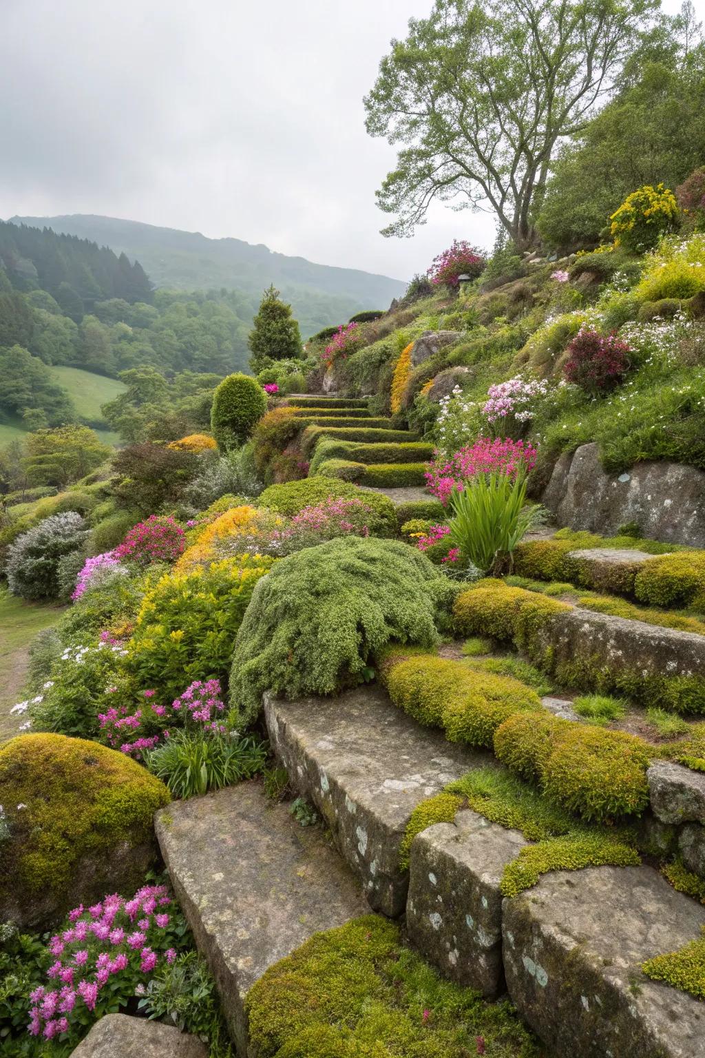 A multi-tiered garden showcasing the elegance of algae stone terraces.