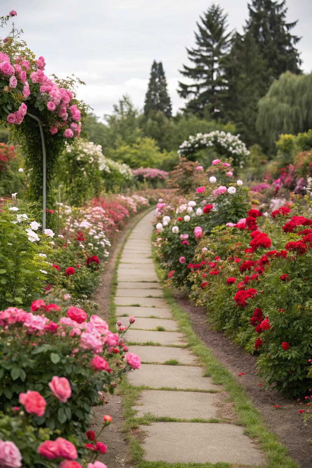 Sun roses forming a lively border along a garden path.