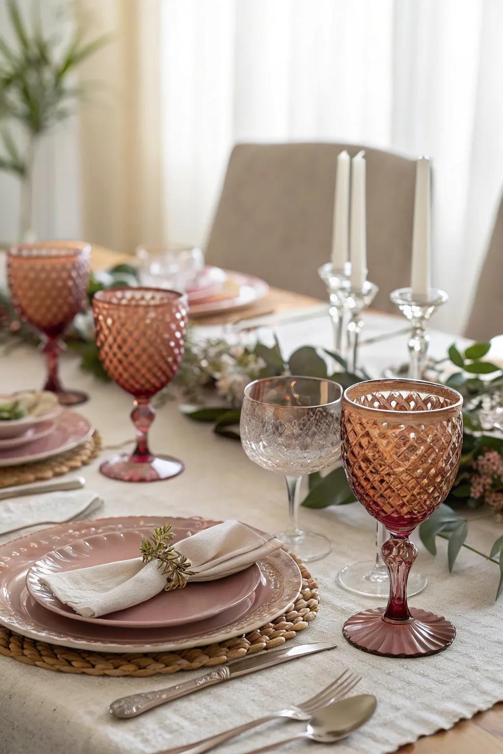 Tinted glassware infuses a vibrant splash of color onto the table.