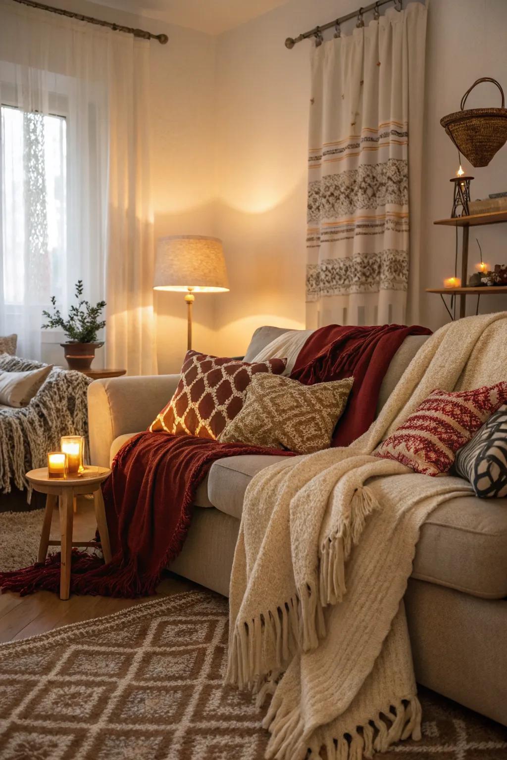 A blend of warm textiles makes the area cozy.