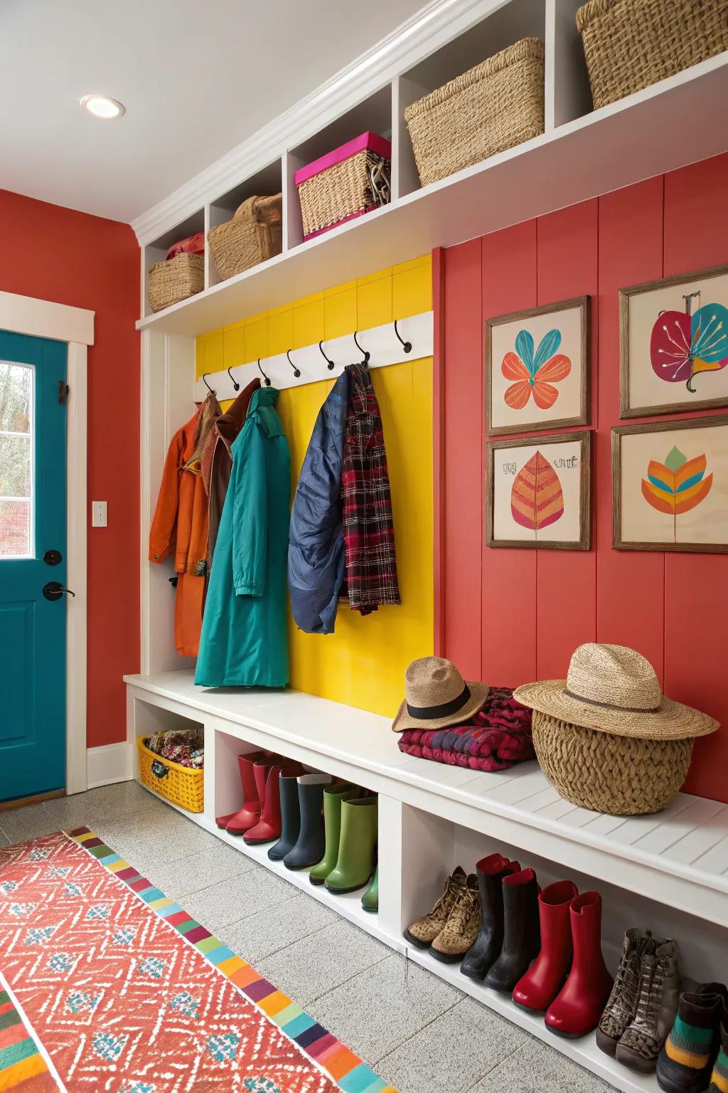 An entryway featuring brightly colored walls that imbue the area with character and energy.