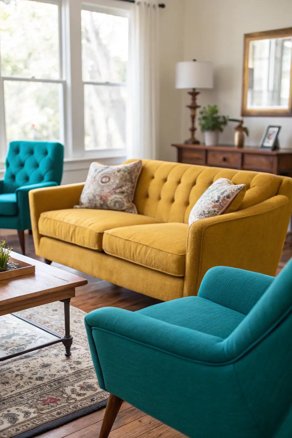 Opposing chairs inject an element of vibrancy and intrigue.