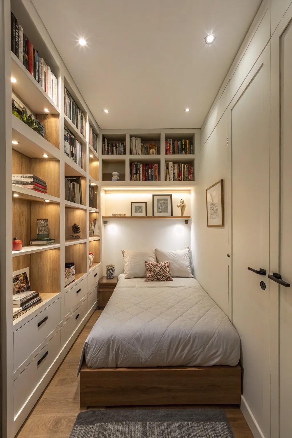 Integrated shelves exploit vertical space in a slender bedroom.