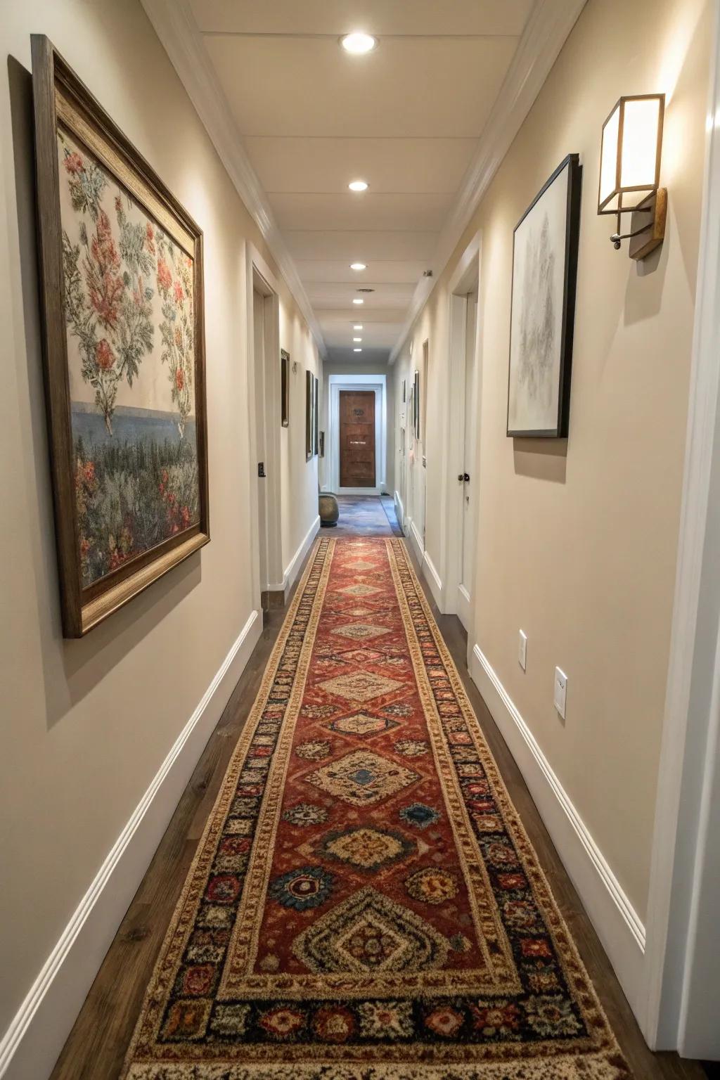 Lengthy corridor carpets infuse warmth and definition into a slender hallway.