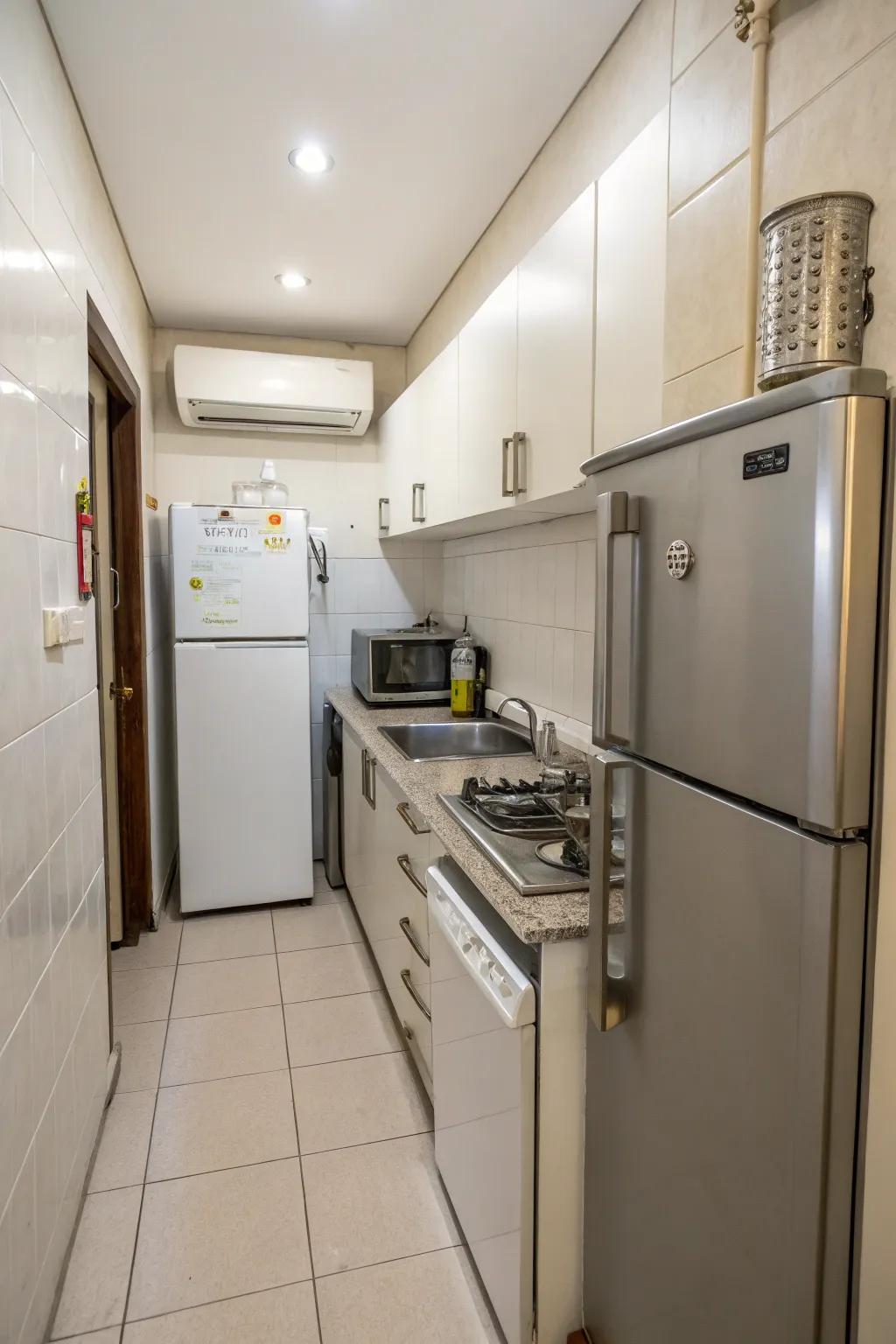 Space-saving machines fit impeccably in a narrow kitchen arrangement.