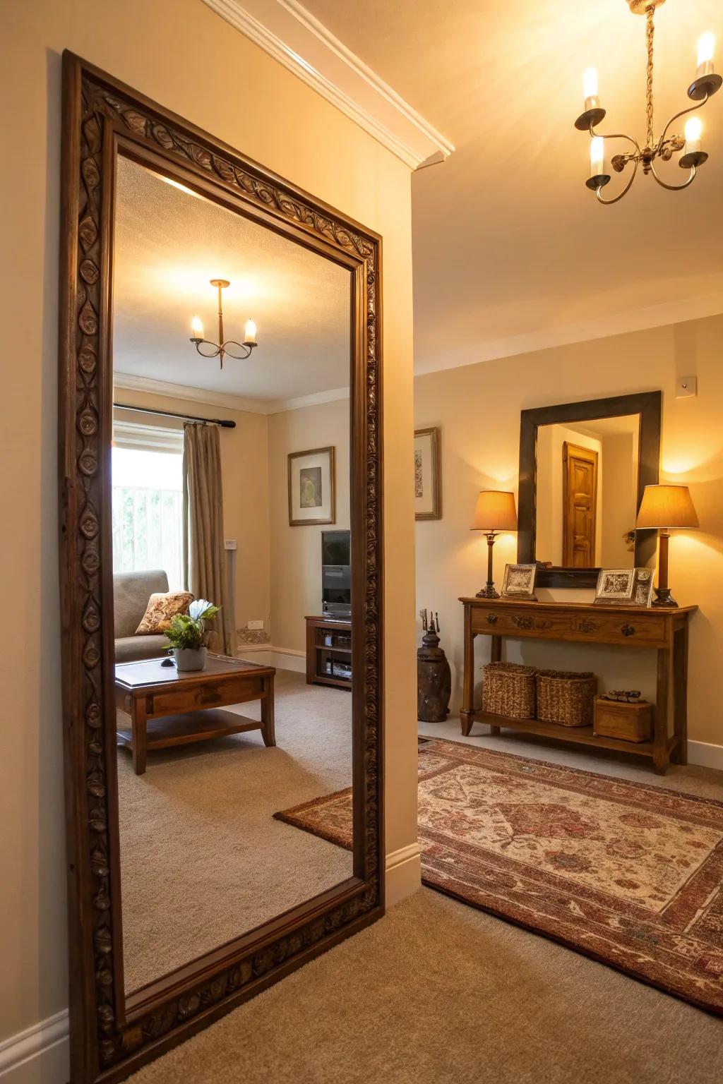 An expertly placed large mirror augmenting the width of a slender living area.