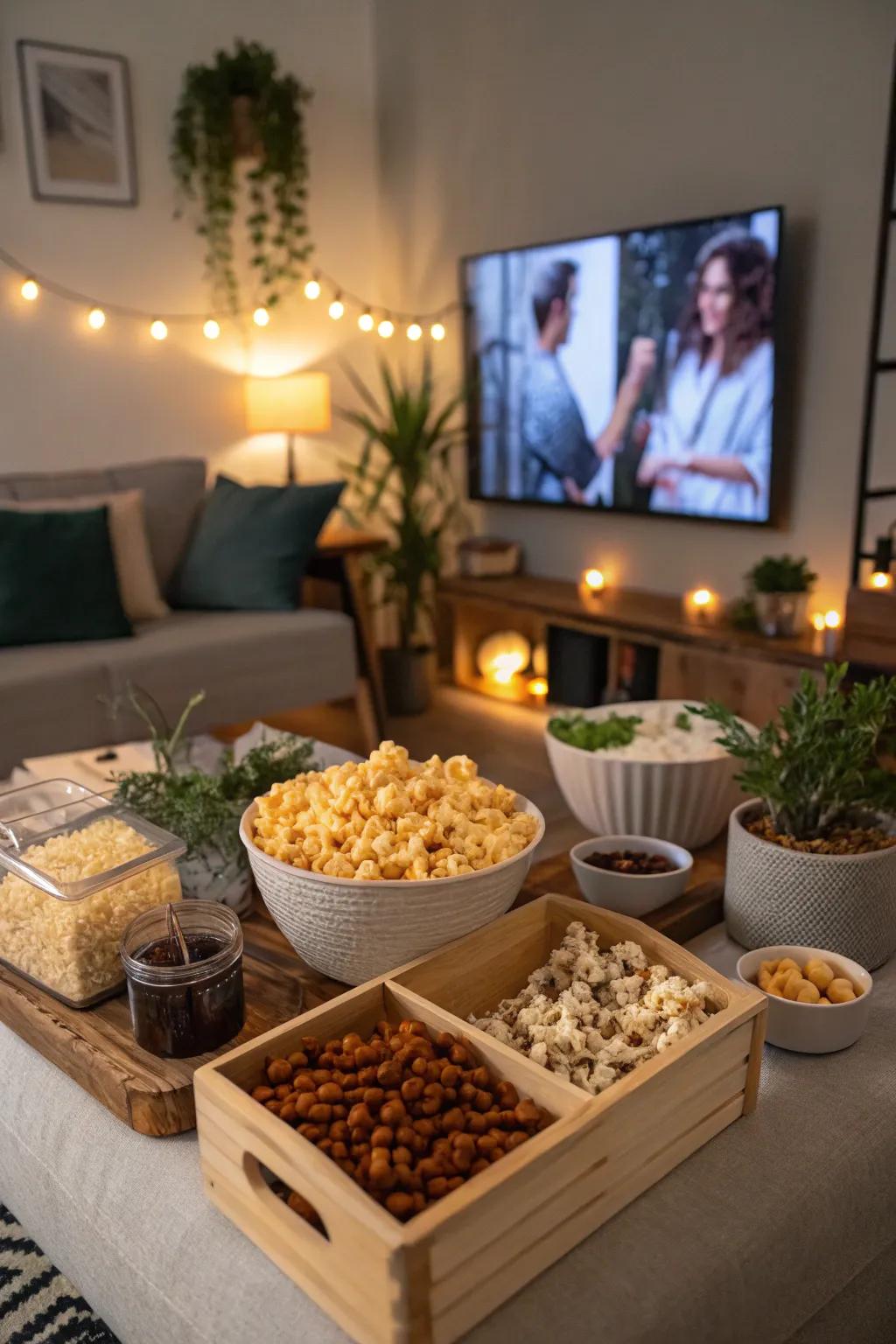 A popcorn counter prepared for a delightful movie evening at home.