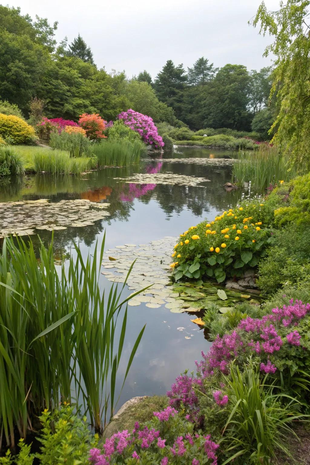 Abundant greenery and vivid blossoms elevate the visual allure of a native water garden.