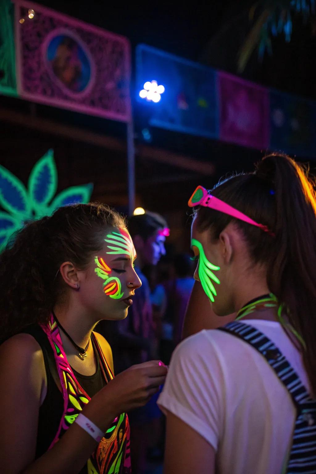 Guests applying radiant face paint, crafting glowing designs that shine under party lights.