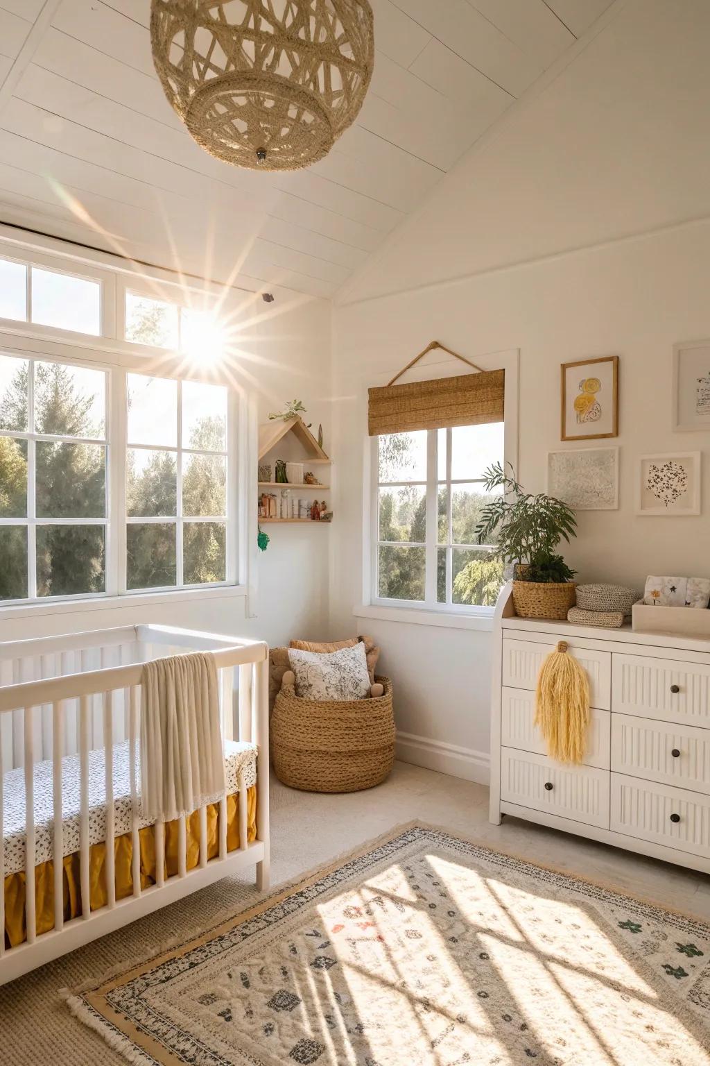 A bright and spacious nursery showcasing creamy color tones.