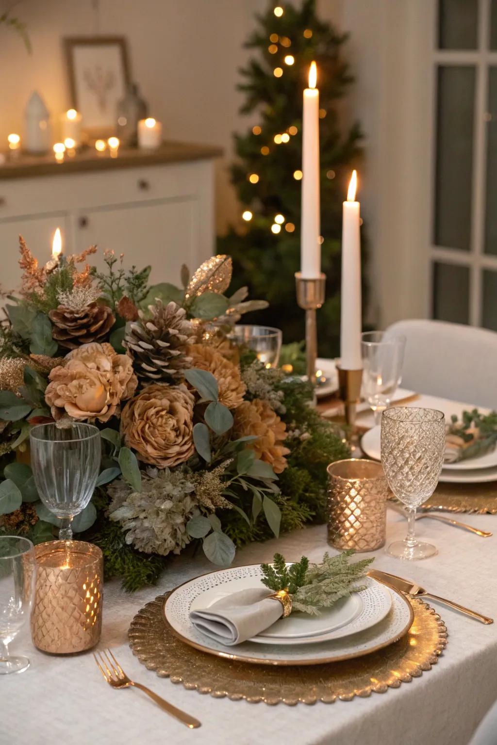 Floral elements in subdued metallic shades introduce grace to your celebration.