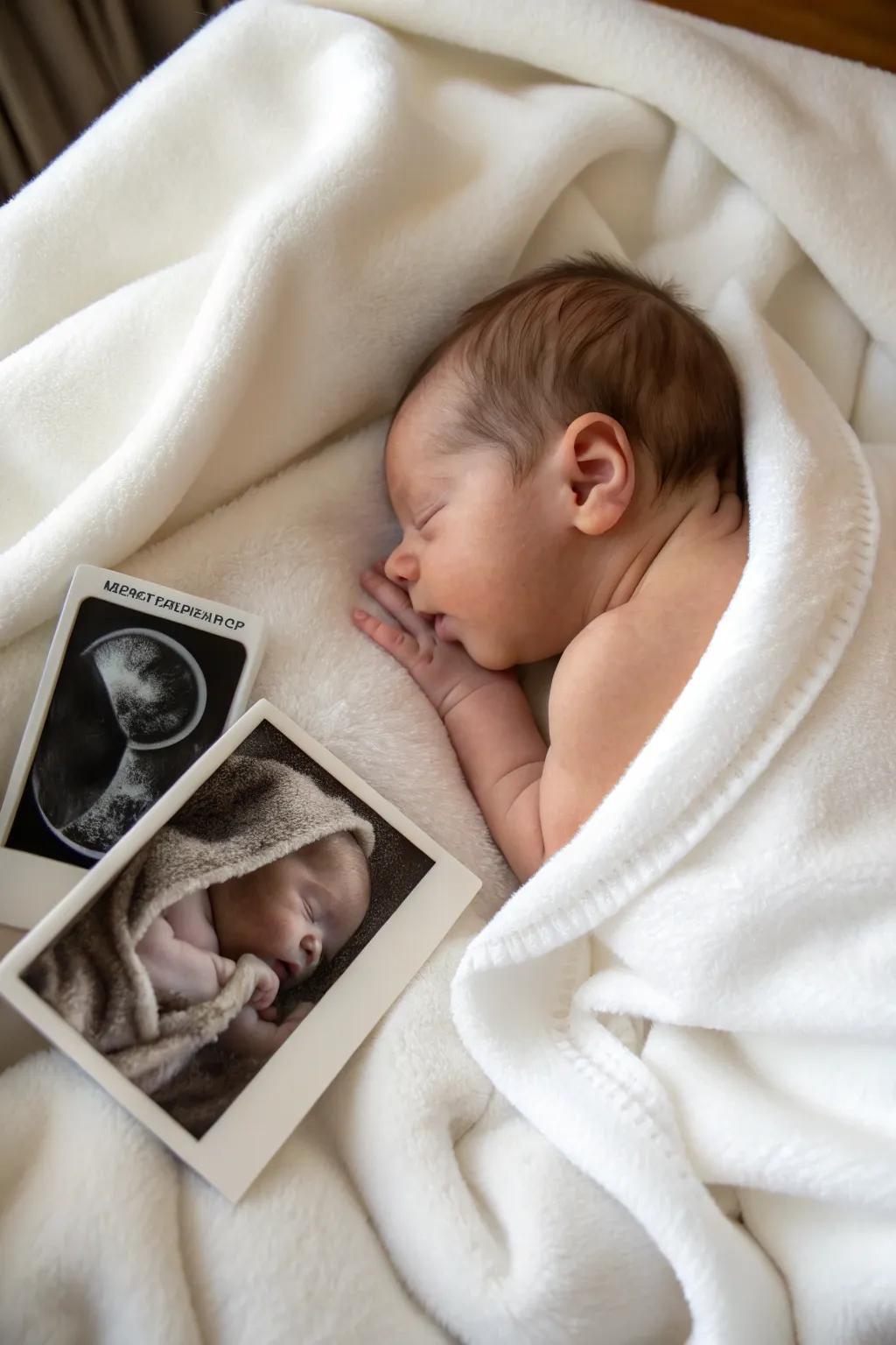 A newborn with their echo image, a celebration of life’s voyage.