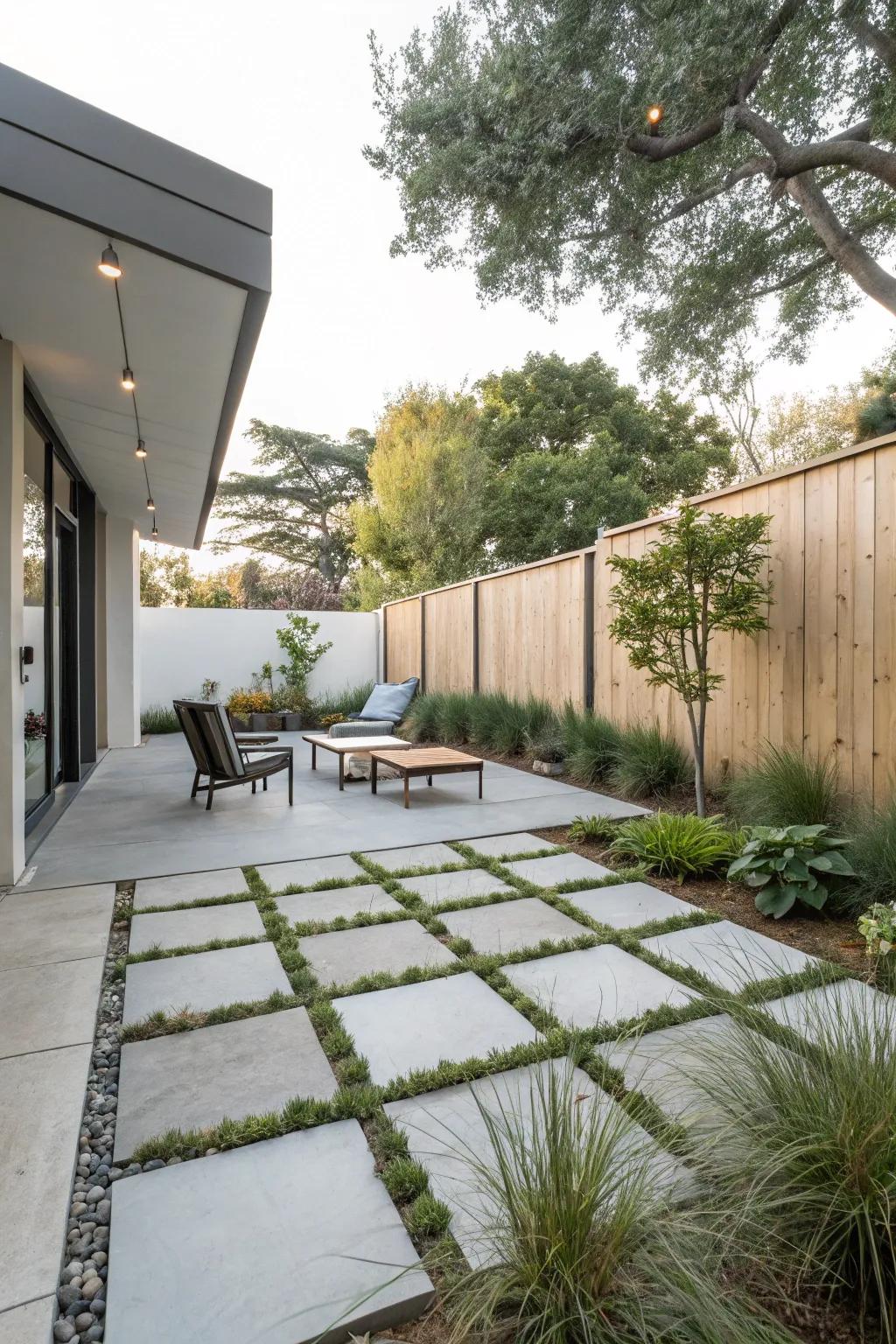 A chic and low-maintenance patio design featuring set concrete.
