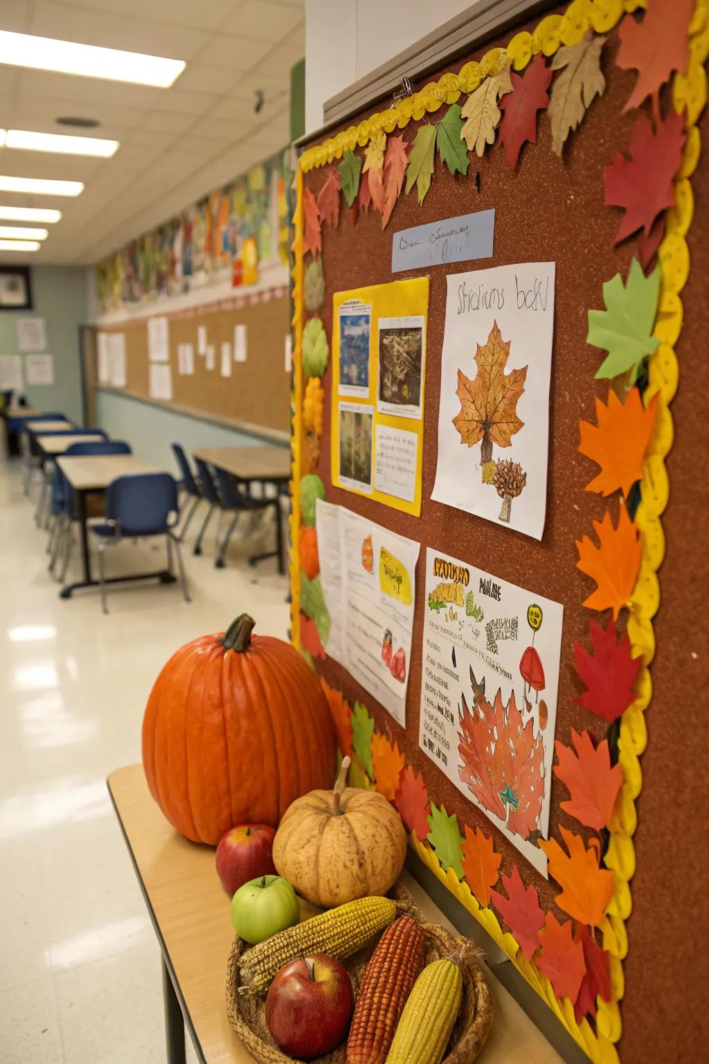 A harvest-themed bulletin board highlighting student creations.