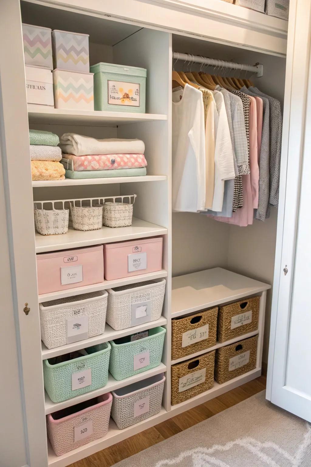A well-organized nursery wardrobe featuring labeled sections.