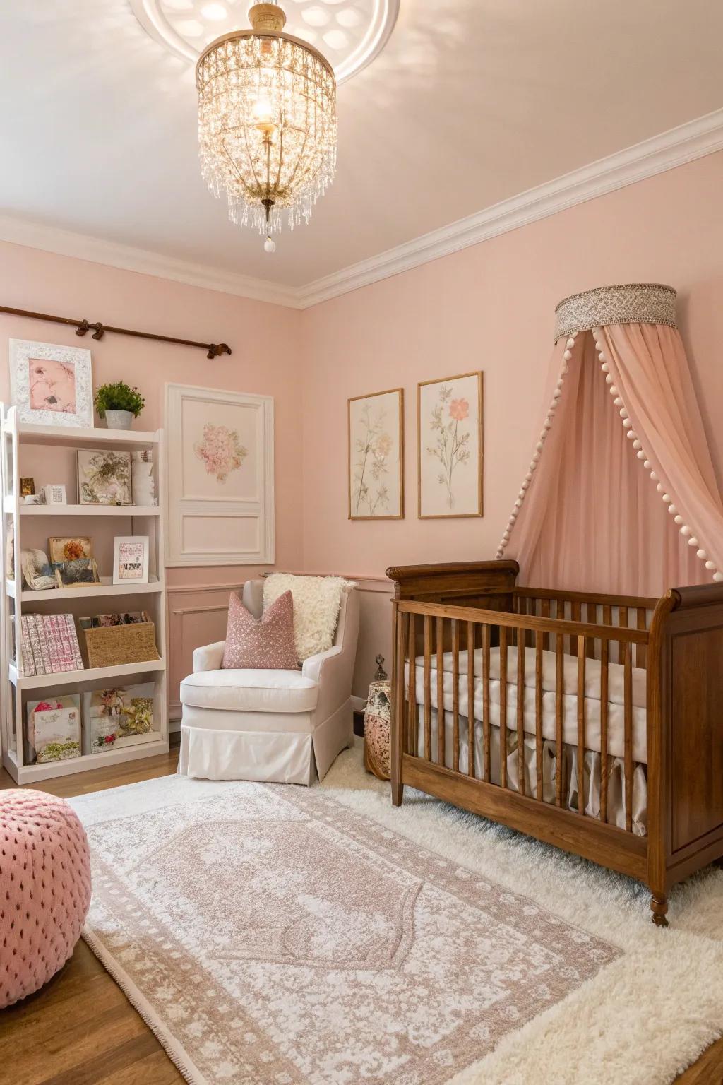 A comforting nursery boasting delicate carnation rosé walls.